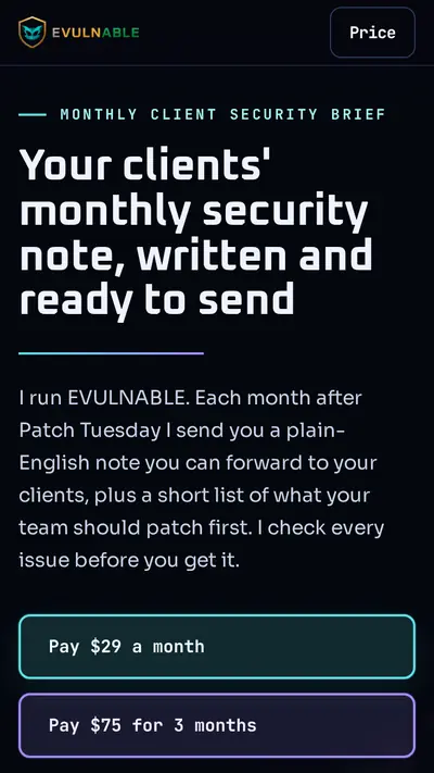 Phone screenshot of the evulnable.com/brief page with its headline and a preview of the sample brief