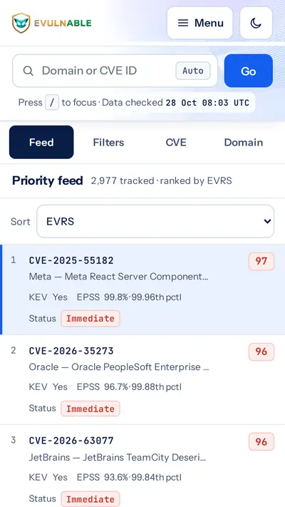 Phone screenshot of the evulnable.com priority feed: a ranked table of vulnerabilities with a CVE detail panel