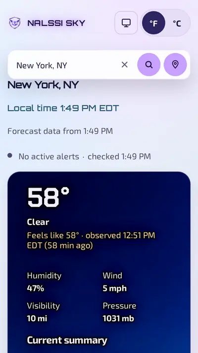 Phone screenshot of the nalssisky.com home page showing the current weather card for New York